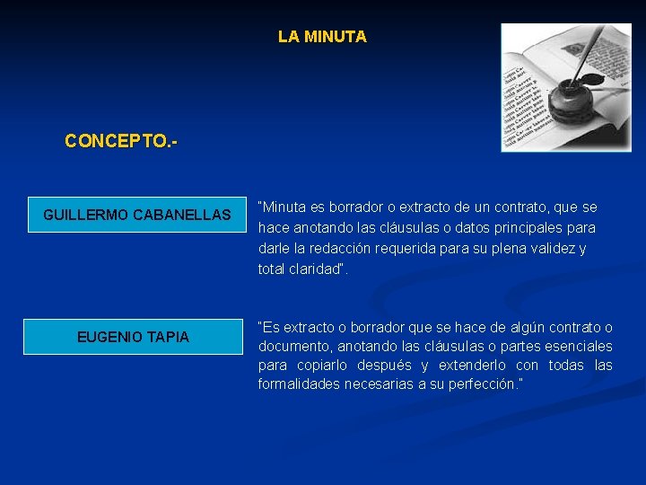 LA MINUTA CONCEPTO. - GUILLERMO CABANELLAS EUGENIO TAPIA “Minuta es borrador o extracto de