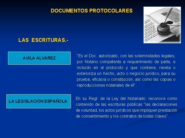 DOCUMENTOS PROTOCOLARES LAS ESCRITURAS. AVILA ALVAREZ LA LEGISLACIÓN ESPAÑOLA “Es el Doc. autorizado, con