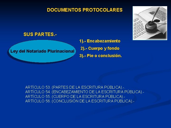 DOCUMENTOS PROTOCOLARES SUS PARTES. 1). - Encabezamiento Ley del Notariado Plurinacional 2). - Cuerpo