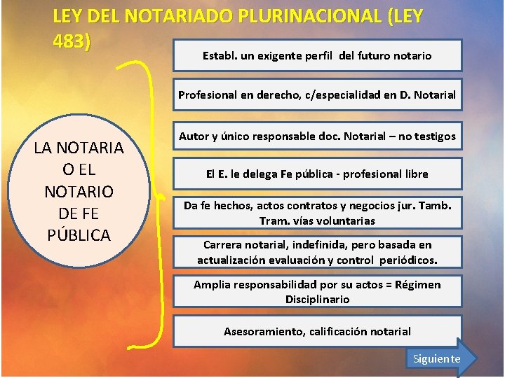 LEY DEL NOTARIADO PLURINACIONAL (LEY 483) Establ. un exigente perfil del futuro notario Profesional