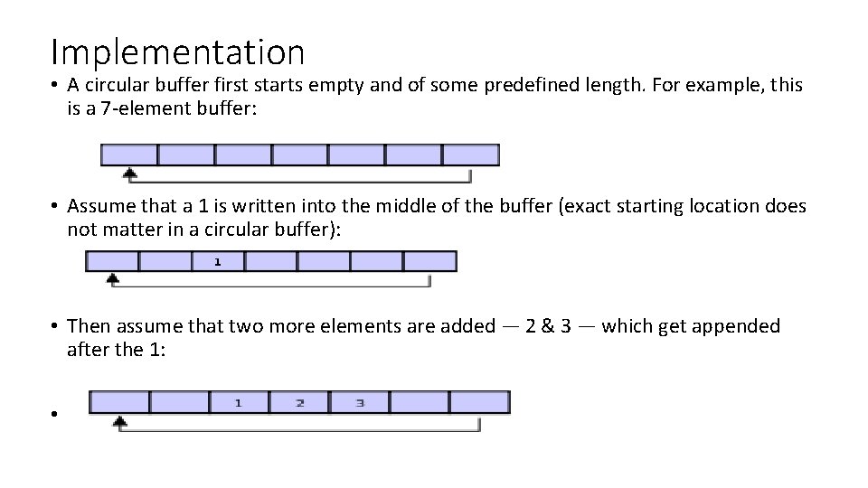 Implementation • A circular buffer first starts empty and of some predefined length. For