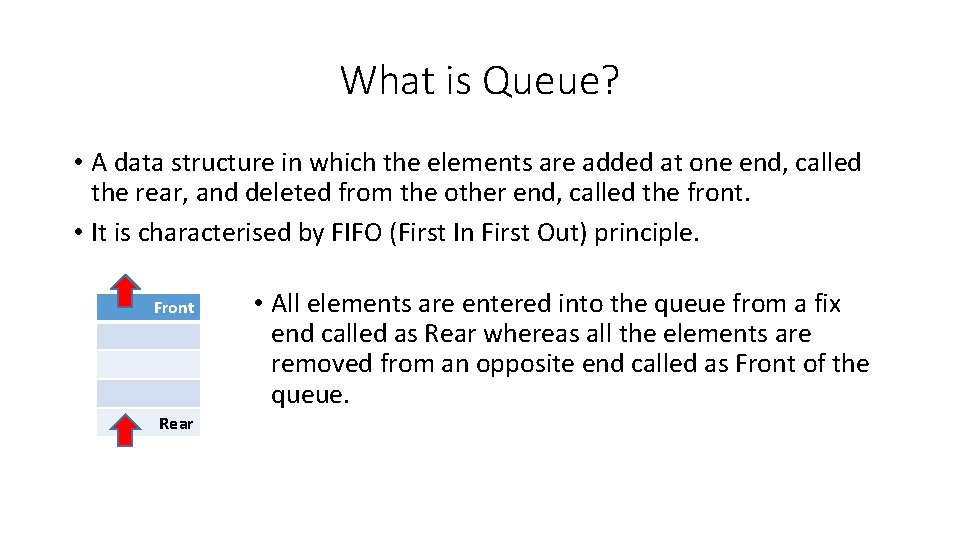 What is Queue? • A data structure in which the elements are added at