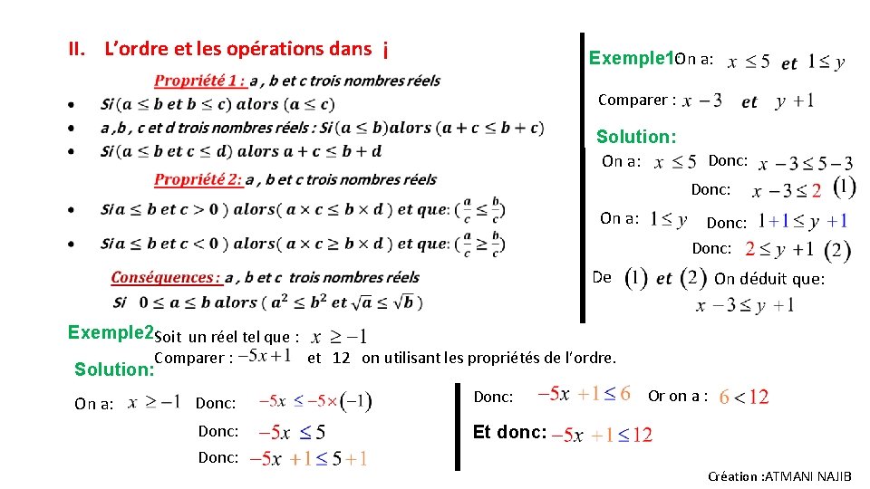 II. L’ordre et les opérations dans Exemple 1 O : n a: Comparer : II. L’ordre et les opérations dans Exemple 1 O : n a: Comparer :