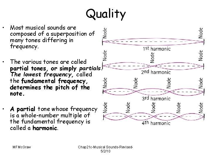 Quality • Most musical sounds are composed of a superposition of many tones differing