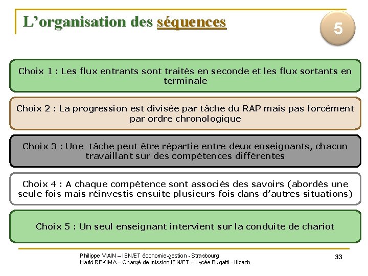 L’organisation des séquences 5 Choix 1 : Les flux entrants sont traités en seconde