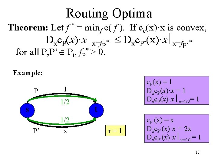Routing Optima Theorem: Let f * = minf c( f ). If ce(x)·x is