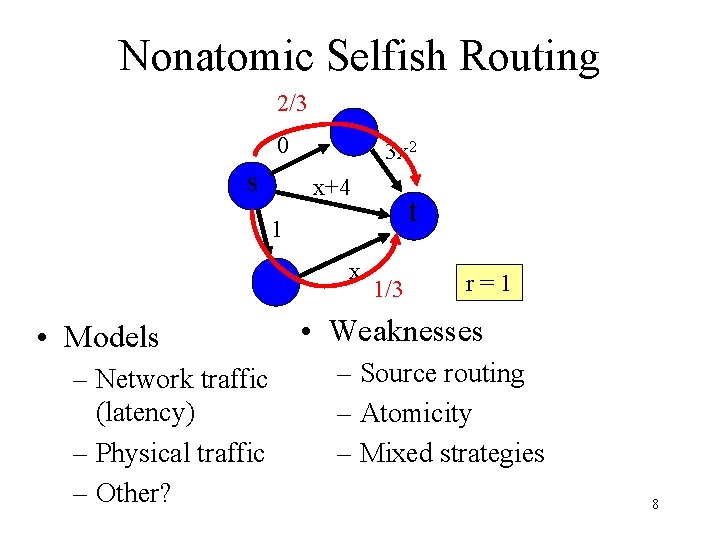 Nonatomic Selfish Routing 2/3 0 s 3 x 2 x+4 t 1 x •