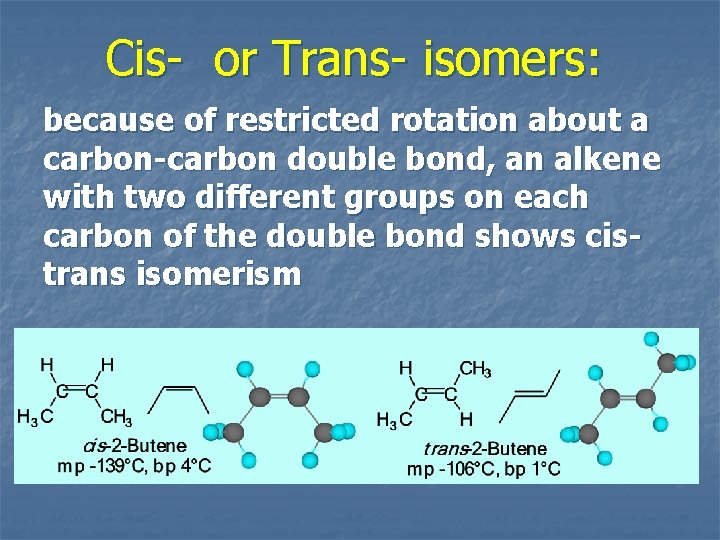 Cis- or Trans- isomers: because of restricted rotation about a carbon-carbon double bond, an