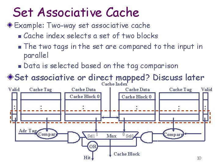 Set Associative Cache Example: Two-way set associative cache n Cache index selects a set