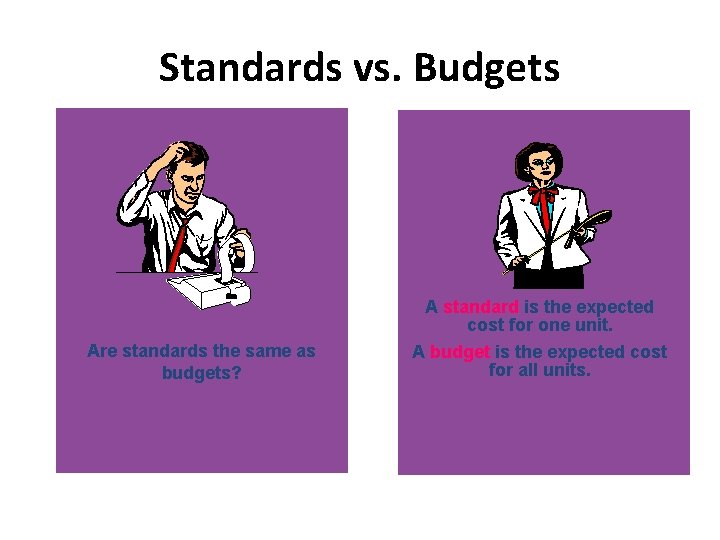 Standards vs. Budgets Are standards the same as budgets? A standard is the expected