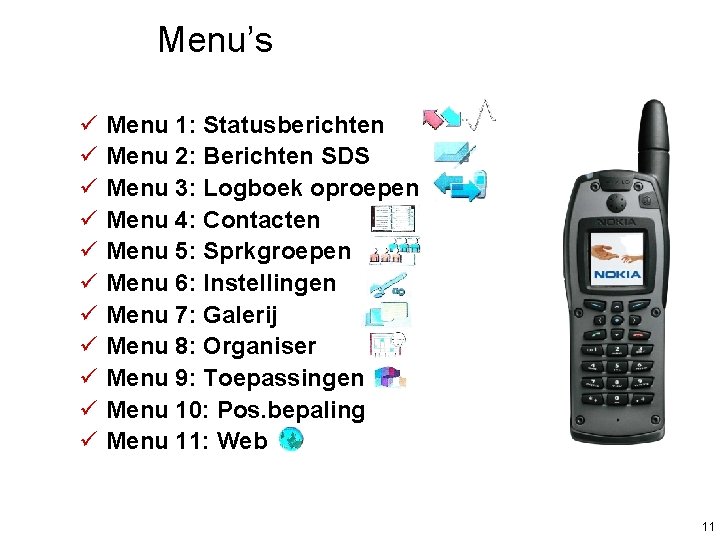 Menu’s ü ü ü Menu 1: Statusberichten Menu 2: Berichten SDS Menu 3: Logboek