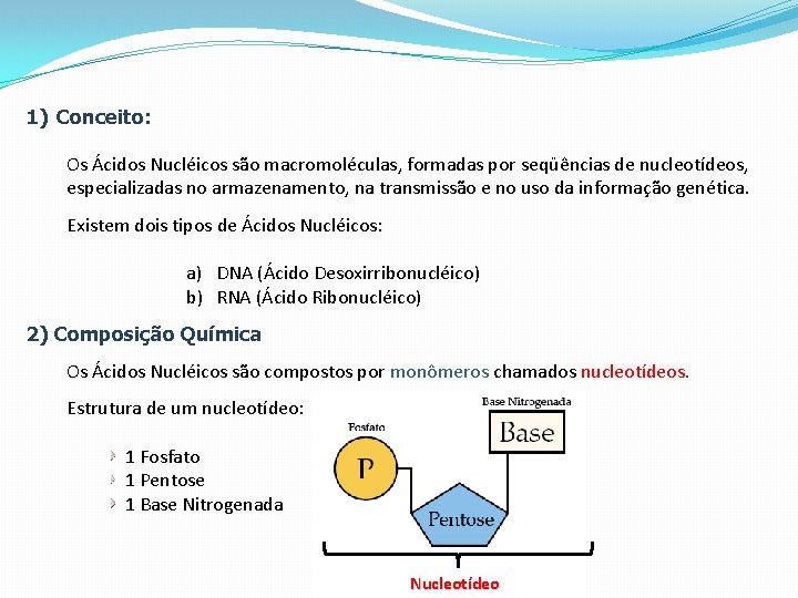 1) Conceito: Os Ácidos Nucléicos são macromoléculas, formadas por seqüências de nucleotídeos, especializadas no