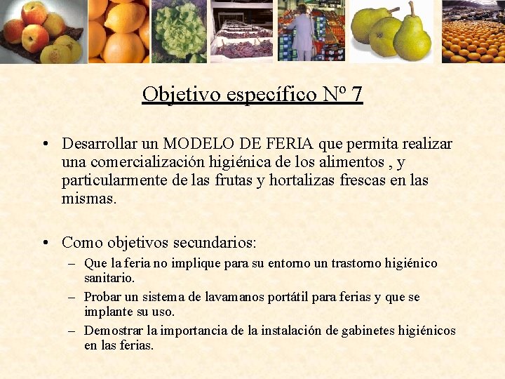 Objetivo específico Nº 7 • Desarrollar un MODELO DE FERIA que permita realizar una