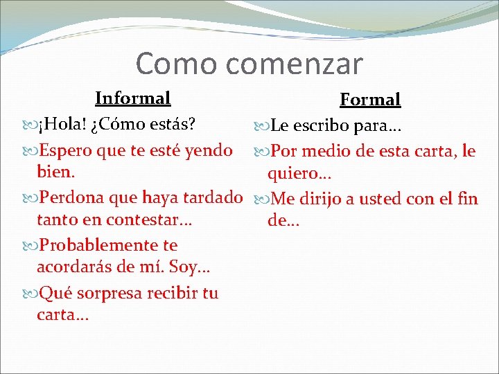 Como comenzar Informal Formal ¡Hola! ¿Cómo estás? Le escribo para… Espero que te esté Como comenzar Informal Formal ¡Hola! ¿Cómo estás? Le escribo para… Espero que te esté
