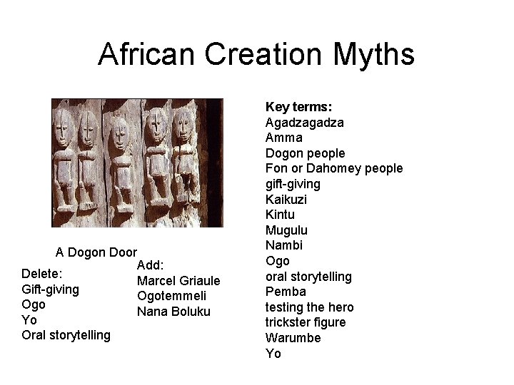 African Creation Myths A Dogon Door Add: Delete: Marcel Griaule Gift-giving Ogotemmeli Ogo Nana