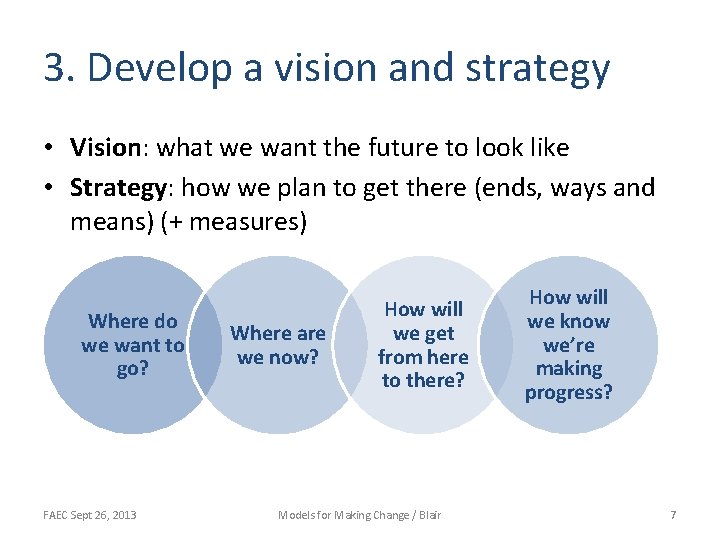 3. Develop a vision and strategy • Vision: what we want the future to