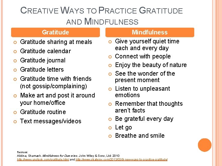 CREATIVE WAYS TO PRACTICE GRATITUDE AND MINDFULNESS Gratitude Gratitude sharing at meals Gratitude calendar