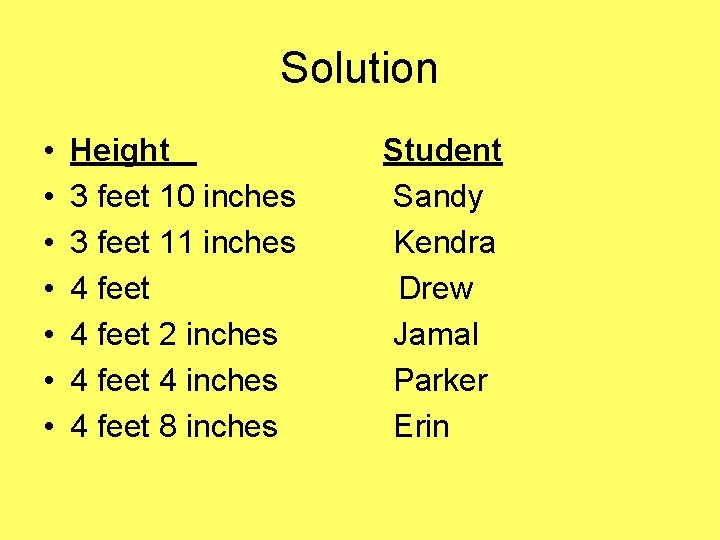 Solution • • Height Student 3 feet 10 inches Sandy 3 feet 11 inches