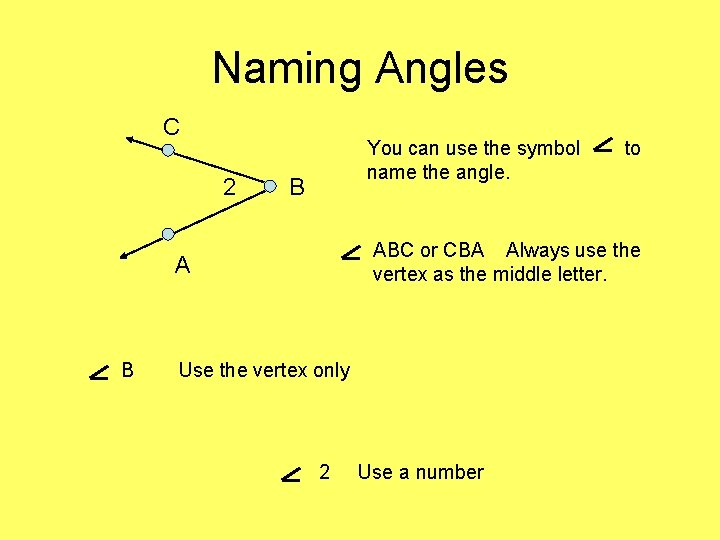 Naming Angles C 2 You can use the symbol name the angle. B ABC