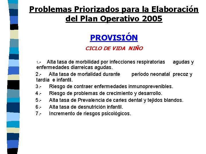 Problemas Priorizados para la Elaboración del Plan Operativo 2005 PROVISIÓN CICLO DE VIDA NIÑO