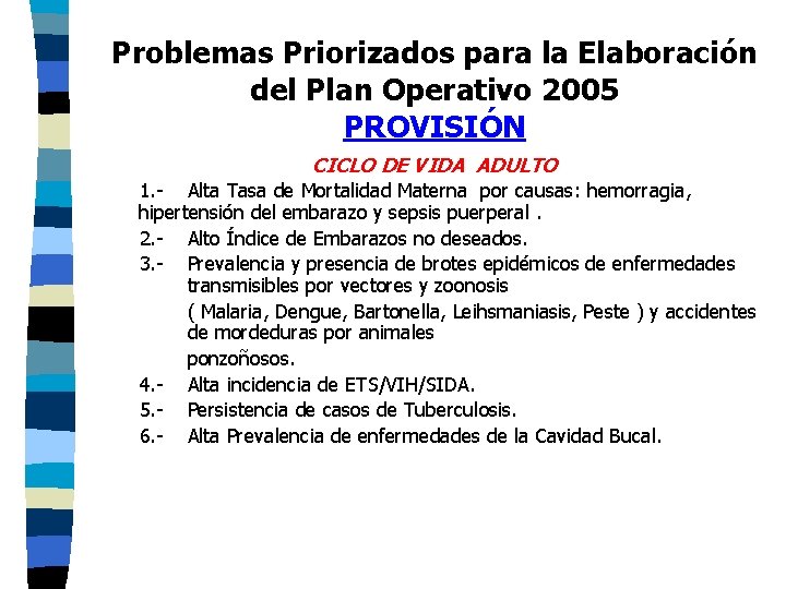 Problemas Priorizados para la Elaboración del Plan Operativo 2005 PROVISIÓN CICLO DE VIDA ADULTO