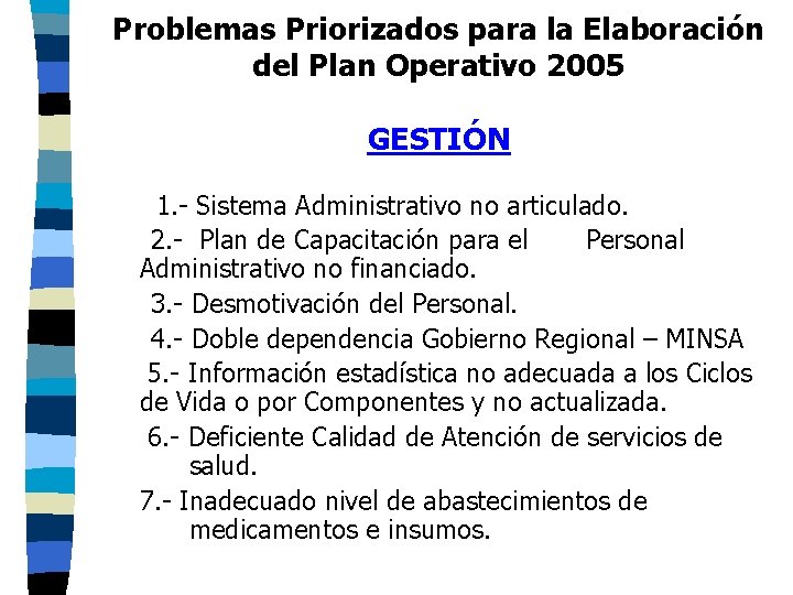 Problemas Priorizados para la Elaboración del Plan Operativo 2005 GESTIÓN 1. - Sistema Administrativo