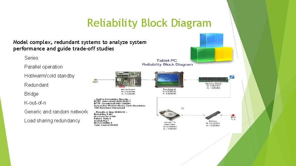 Reliability Block Diagram Model complex, redundant systems to analyze system performance and guide trade-off
