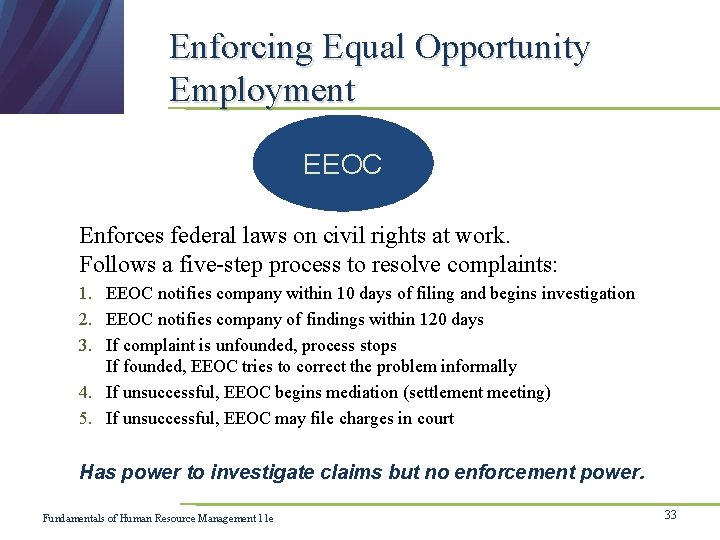 Enforcing Equal Opportunity Employment EEOC Enforces federal laws on civil rights at work. Follows