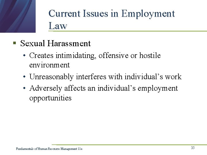 Current Issues in Employment Law § Sexual Harassment • Creates intimidating, offensive or hostile