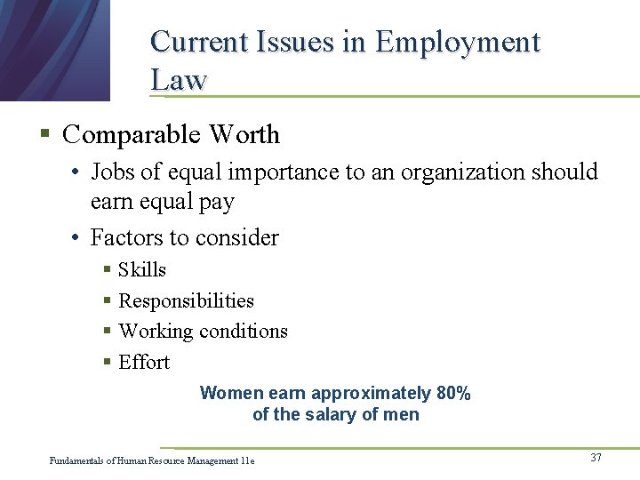 Current Issues in Employment Law § Comparable Worth • Jobs of equal importance to