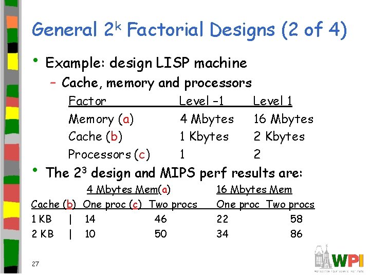 General 2 k Factorial Designs (2 of 4) • Example: design LISP machine –