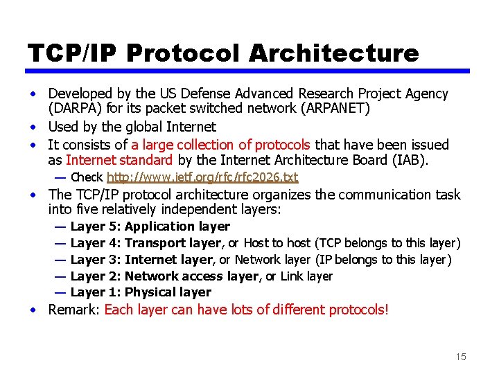 TCP/IP Protocol Architecture • Developed by the US Defense Advanced Research Project Agency (DARPA)