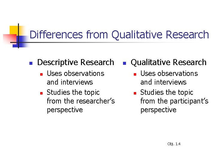 Differences from Qualitative Research n Descriptive Research n n Uses observations and interviews Studies