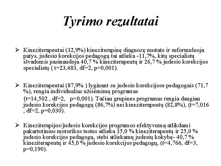 Tyrimo rezultatai Ø Kineziterapeutai (32, 9%) kineziterapinę diagnozę nustato ir suformuluoja patys, judesio korekcijos