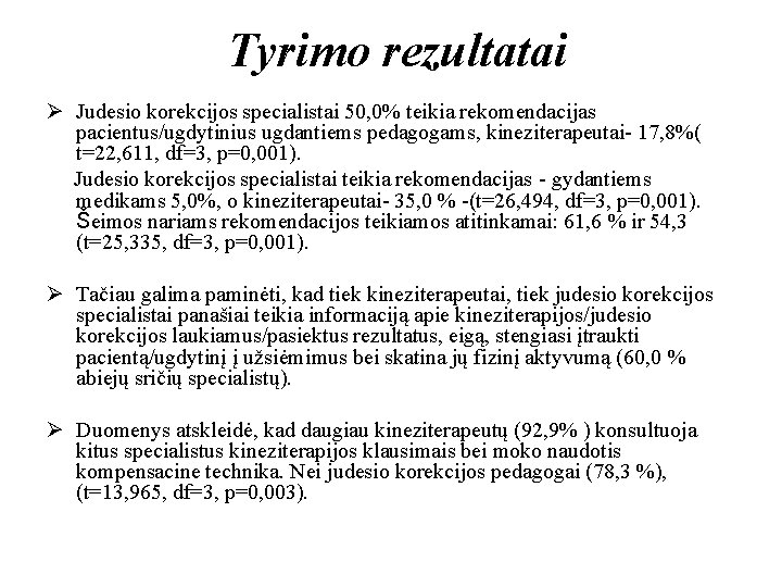 Tyrimo rezultatai Ø Judesio korekcijos specialistai 50, 0% teikia rekomendacijas pacientus/ugdytinius ugdantiems pedagogams, kineziterapeutai-