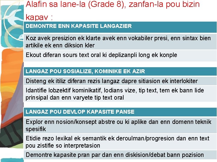 Alafin sa lane-la (Grade 8), zanfan-la pou bizin kapav : DEMONTRE ENN KAPASITE LANGAZIER