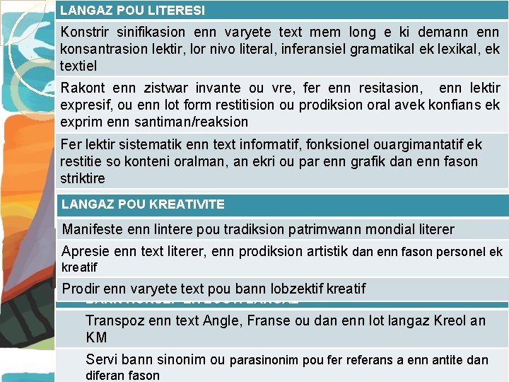 LANGAZ POU LITERESI Konstrir sinifikasion enn varyete text mem long e ki demann enn