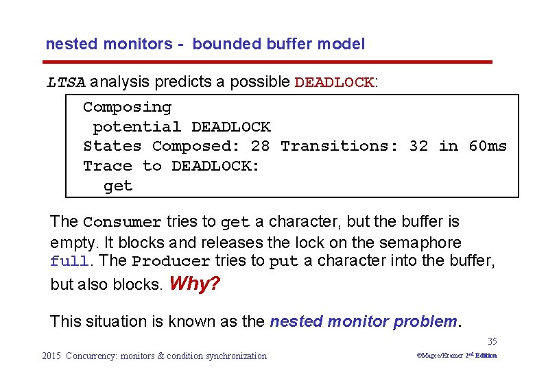 nested monitors - bounded buffer model LTSA analysis predicts a possible DEADLOCK: Composing potential