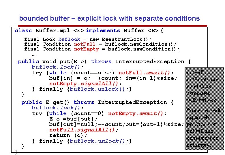 bounded buffer – explicit lock with separate conditions class Buffer. Impl <E> implements Buffer