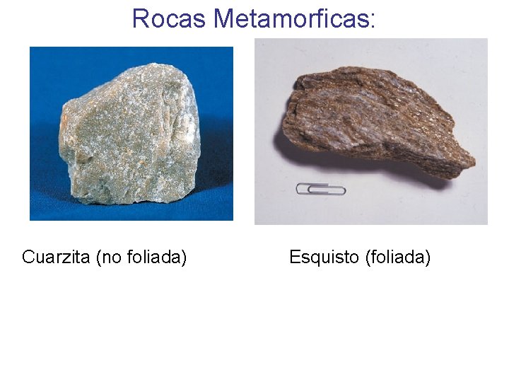 Rocas Metamorficas: Cuarzita (no foliada) Esquisto (foliada) 