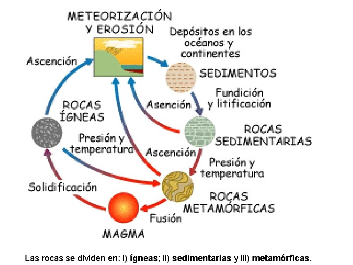 Las rocas se dividen en: i) ígneas; ii) sedimentarias y iii) metamórficas. 