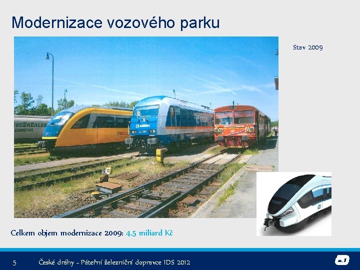 Modernizace vozového parku Stav 2009 Celkem objem modernizace 2009: 4. 5 miliard Kč 5