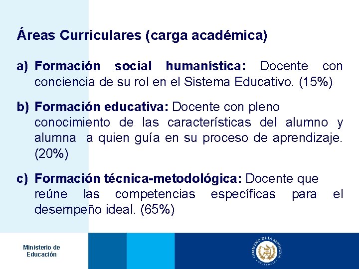 Áreas Curriculares (carga académica) a) Formación social humanística: Docente conciencia de su rol en