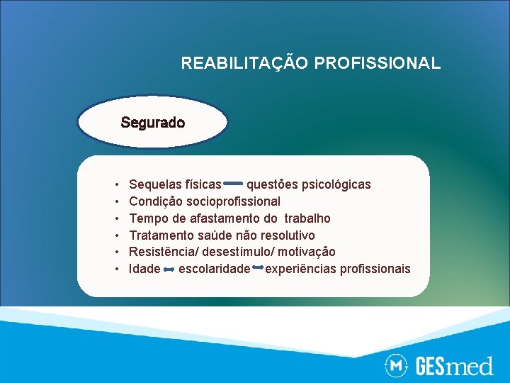 REABILITAÇÃO PROFISSIONAL Segurado • • • Sequelas físicas questões psicológicas Condição socioprofissional Tempo de