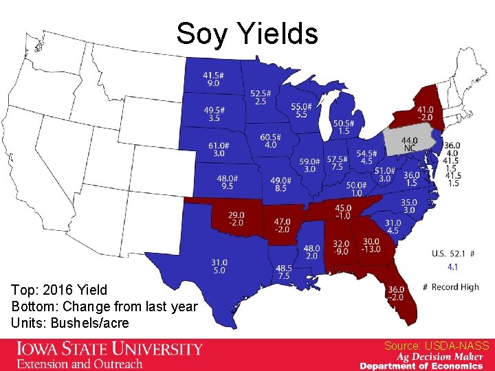 Soy Yields Top: 2016 Yield Bottom: Change from last year Units: Bushels/acre Source: USDA-NASS Soy Yields Top: 2016 Yield Bottom: Change from last year Units: Bushels/acre Source: USDA-NASS