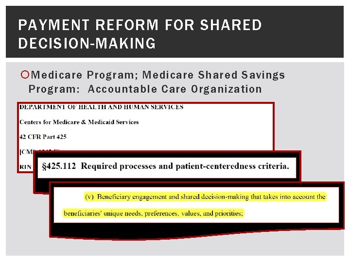 PAYMENT REFORM FOR SHARED DECISION-MAKING Medicare Program; Medicare Shared Savings Program: Accountable Care Organization