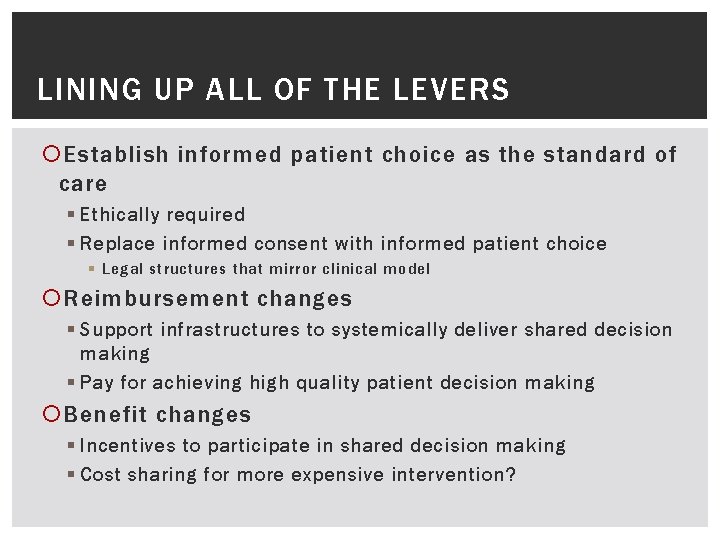 LINING UP ALL OF THE LEVERS Establish informed patient choice as the standard of