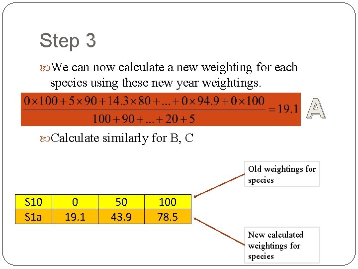 Step 3 We can now calculate a new weighting for each species using these