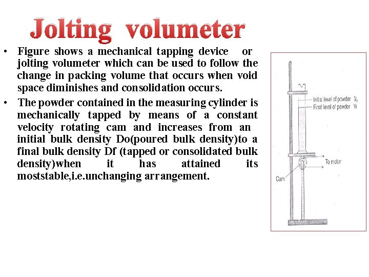 Jolting volumeter • Figure shows a mechanical tapping device or jolting volumeter which can