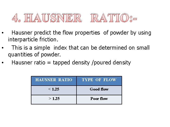 4. HAUSNER RATIO: Hausner predict the flow properties of powder by using interparticle friction.